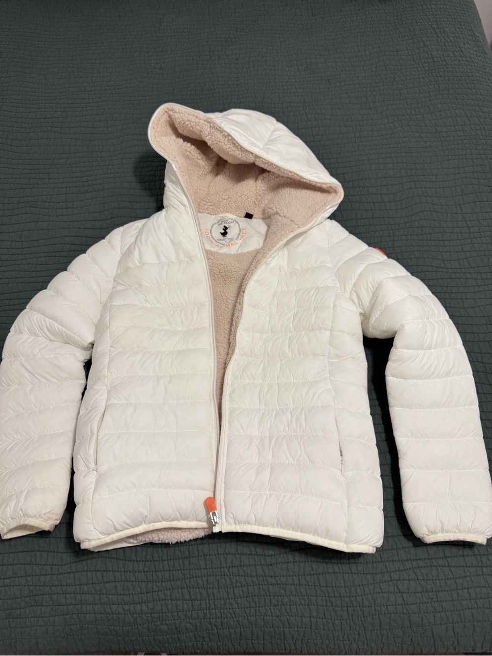 SAVE THE DUCK Off White Hooded Puffer Jacket with Sherpa Lining